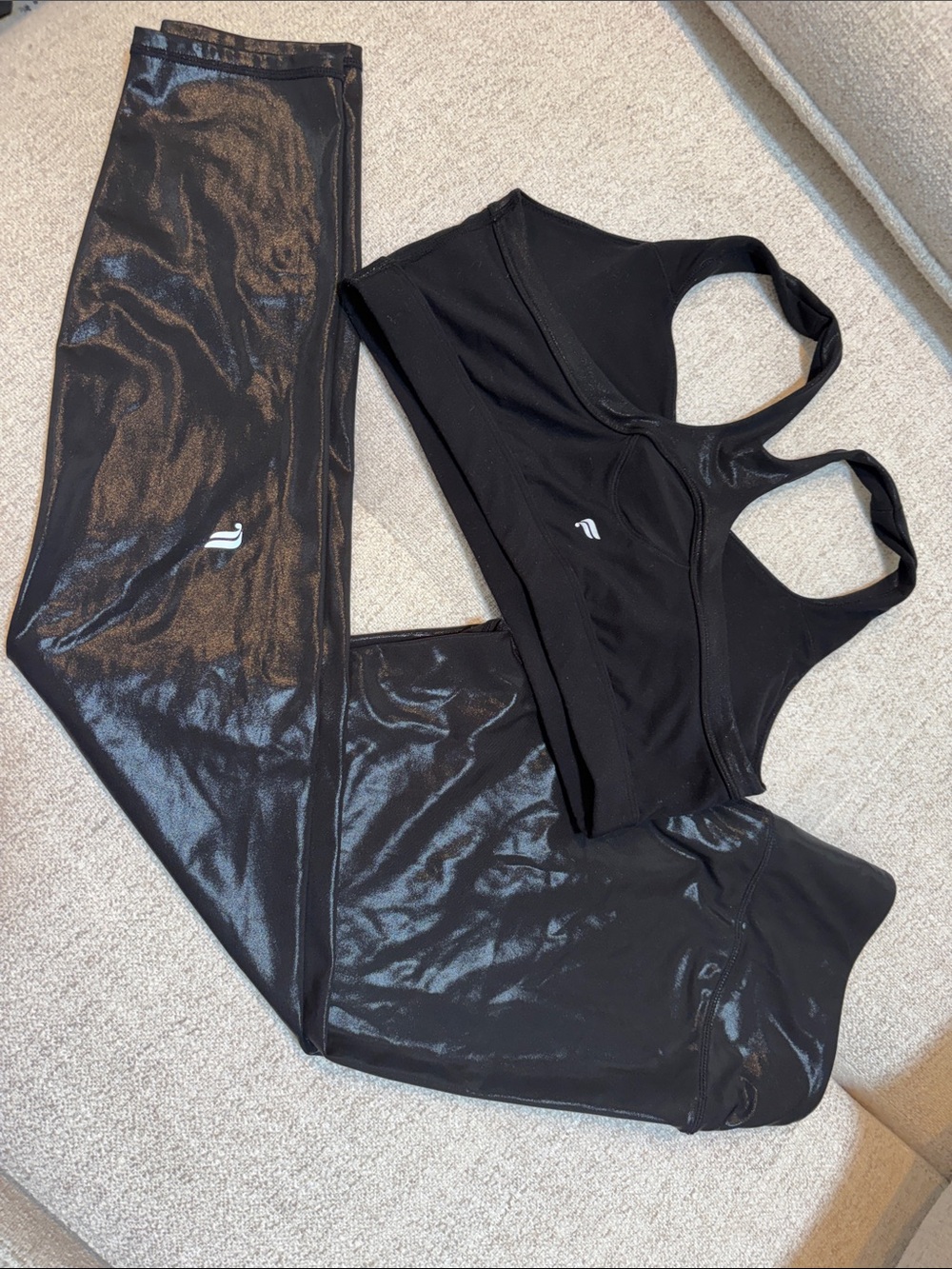 Fabletics Black Shiny Leggings with Black Sports Bra